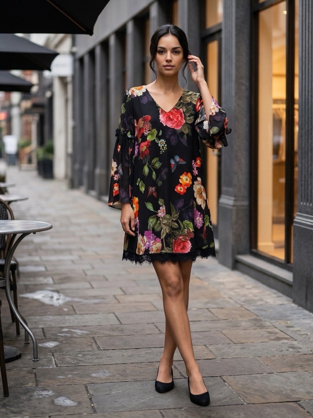 Alexia Admor Floral Long  Sleeve  Sheath Dress - Black and Multicolor small